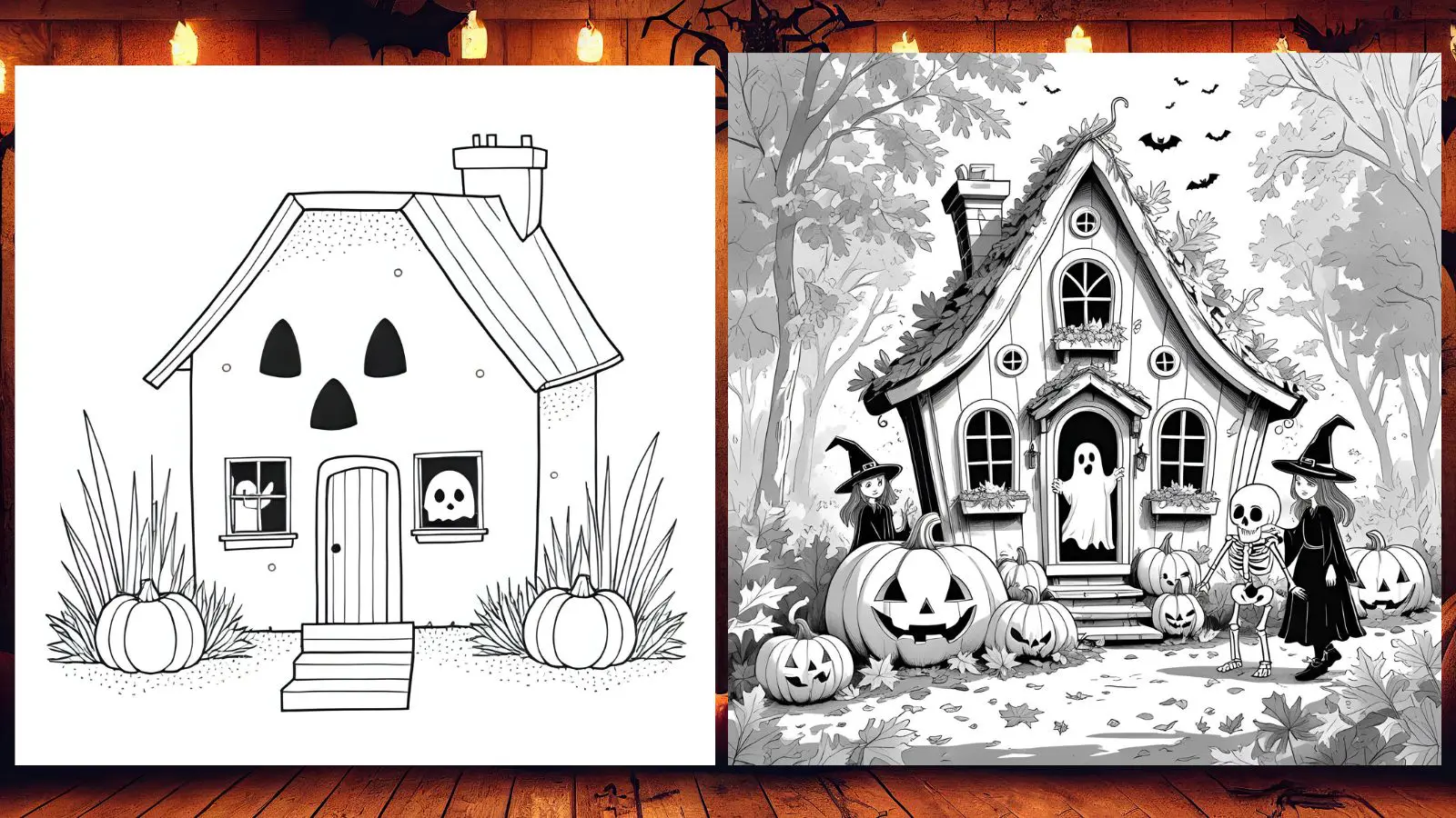 Split comparison showing cute Halloween coloring designs for young children on left (friendly pumpkins, smiling ghosts) and more detailed spooky designs for older kids on right (haunted houses, intricate spider webs)