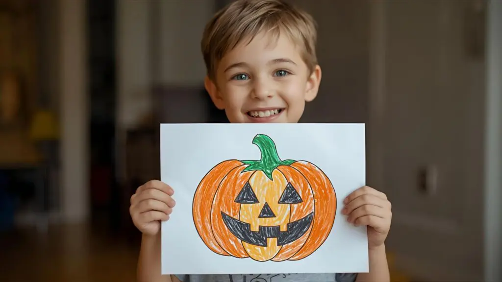 Happy child holding a finished Halloween coloring page