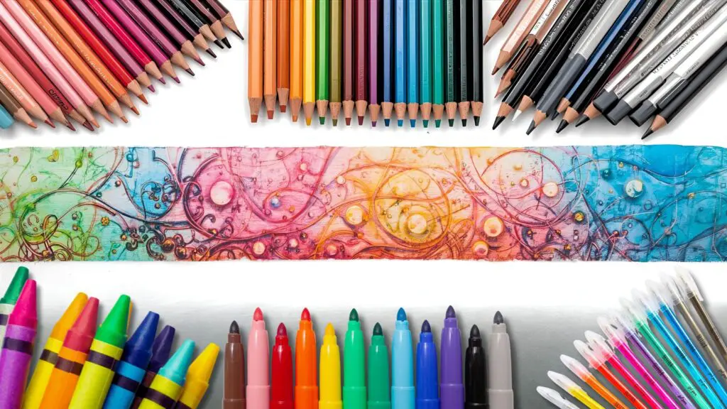 A beautifully arranged grid showing different coloring materials in use: colored pencils creating soft gradients, markers making bold colors, gel pens adding metallic accents, and watercolor pencils creating blended effects