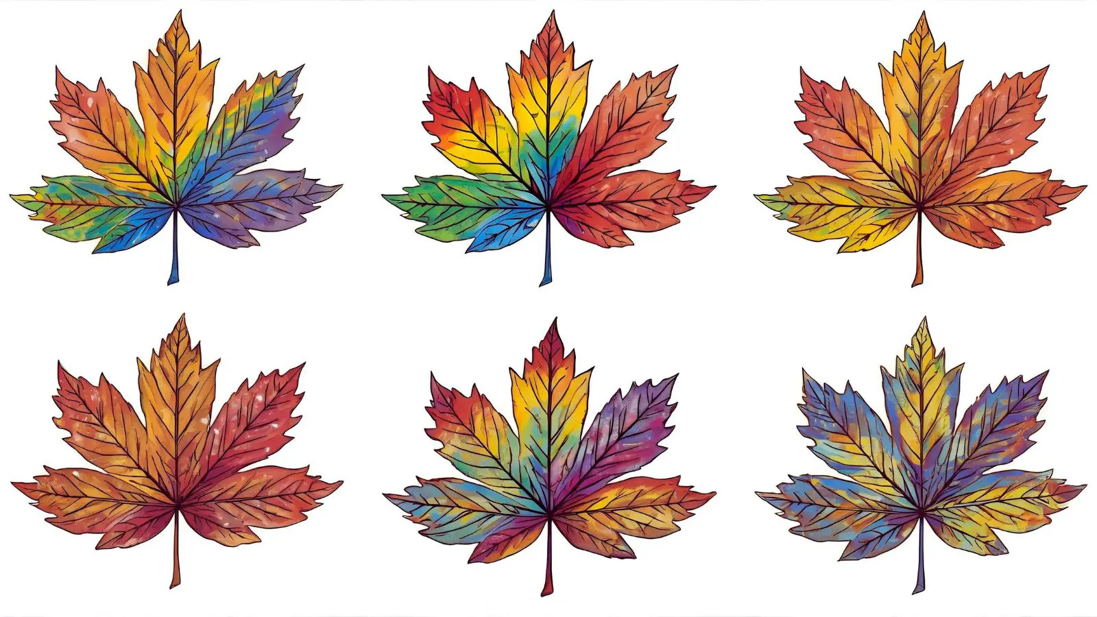 Creative autumn leaves coloring variations showing rainbow colors and metallic accents
