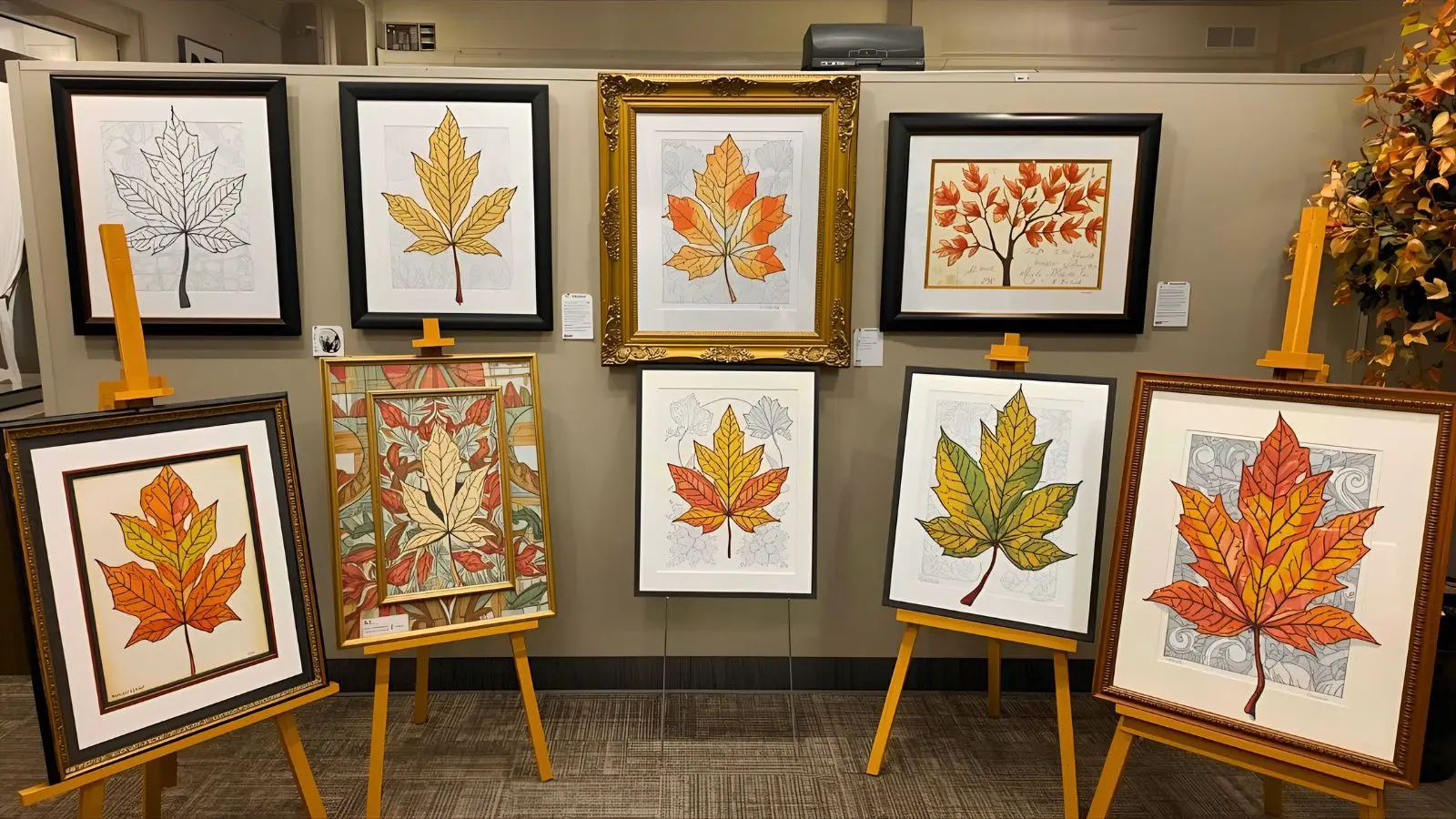 Beautiful display of finished autumn leaves coloring artwork in frames and on easels
