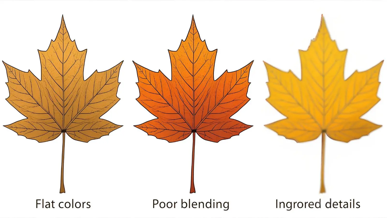 Common autumn leaves coloring mistakes showing flat colors versus proper shading techniques