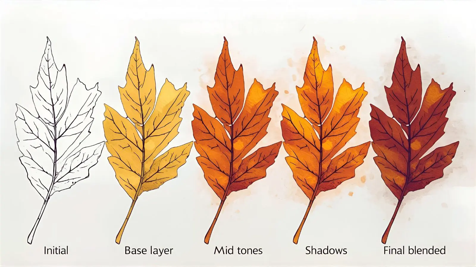 Step-by-step autumn leaves coloring process showing progression from outline to finished leaf.Autumn leaves coloring