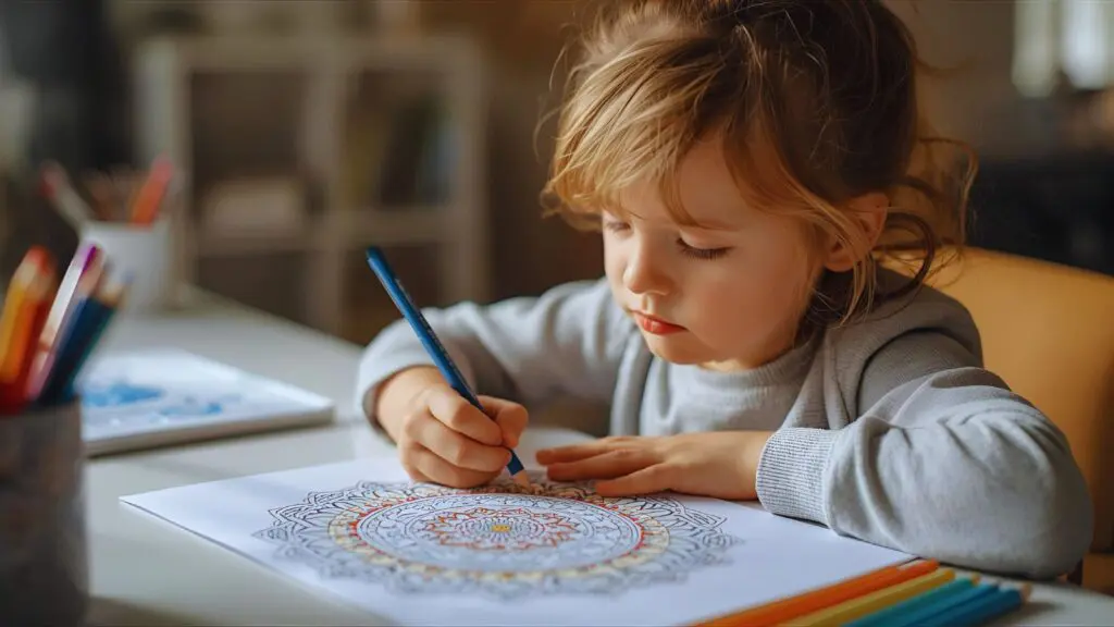 Coloring Pages for Kids. Child concentrating on coloring a detailed mandala design