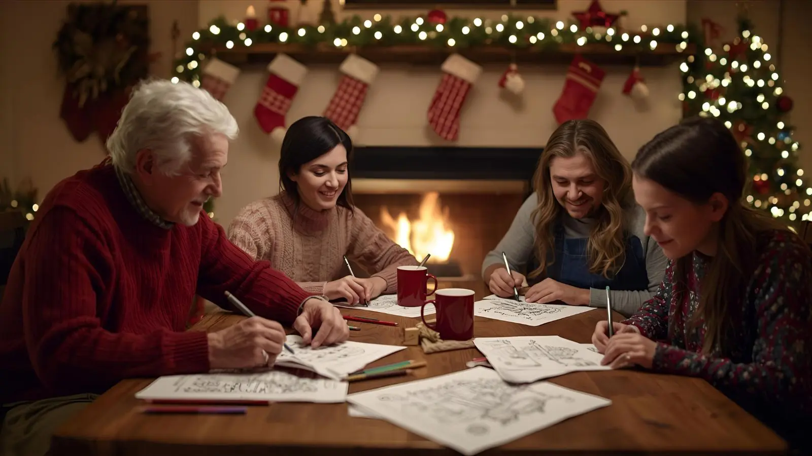 Heartwarming scene of multi-generational family sitting around dining table working on Christmas coloring pages together, with warm lighting and holiday decorations in the background