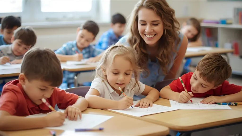 Elementary school children coloring worksheets together in a classroom