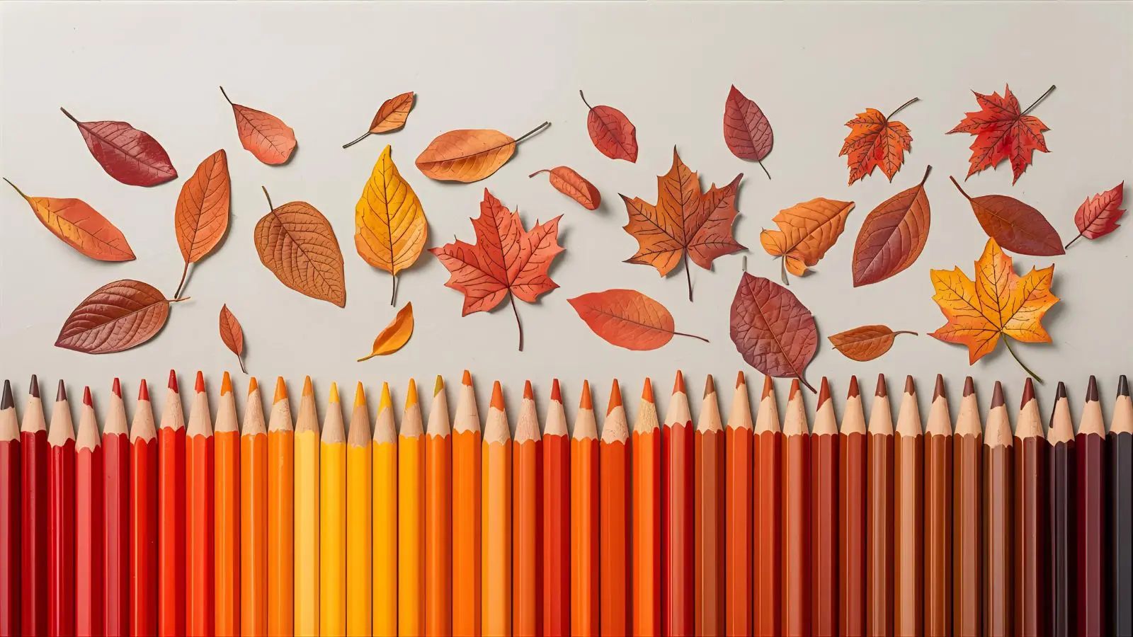 High-quality colored pencils arranged in autumn colors for leaves coloring - reds, oranges, yellows, browns