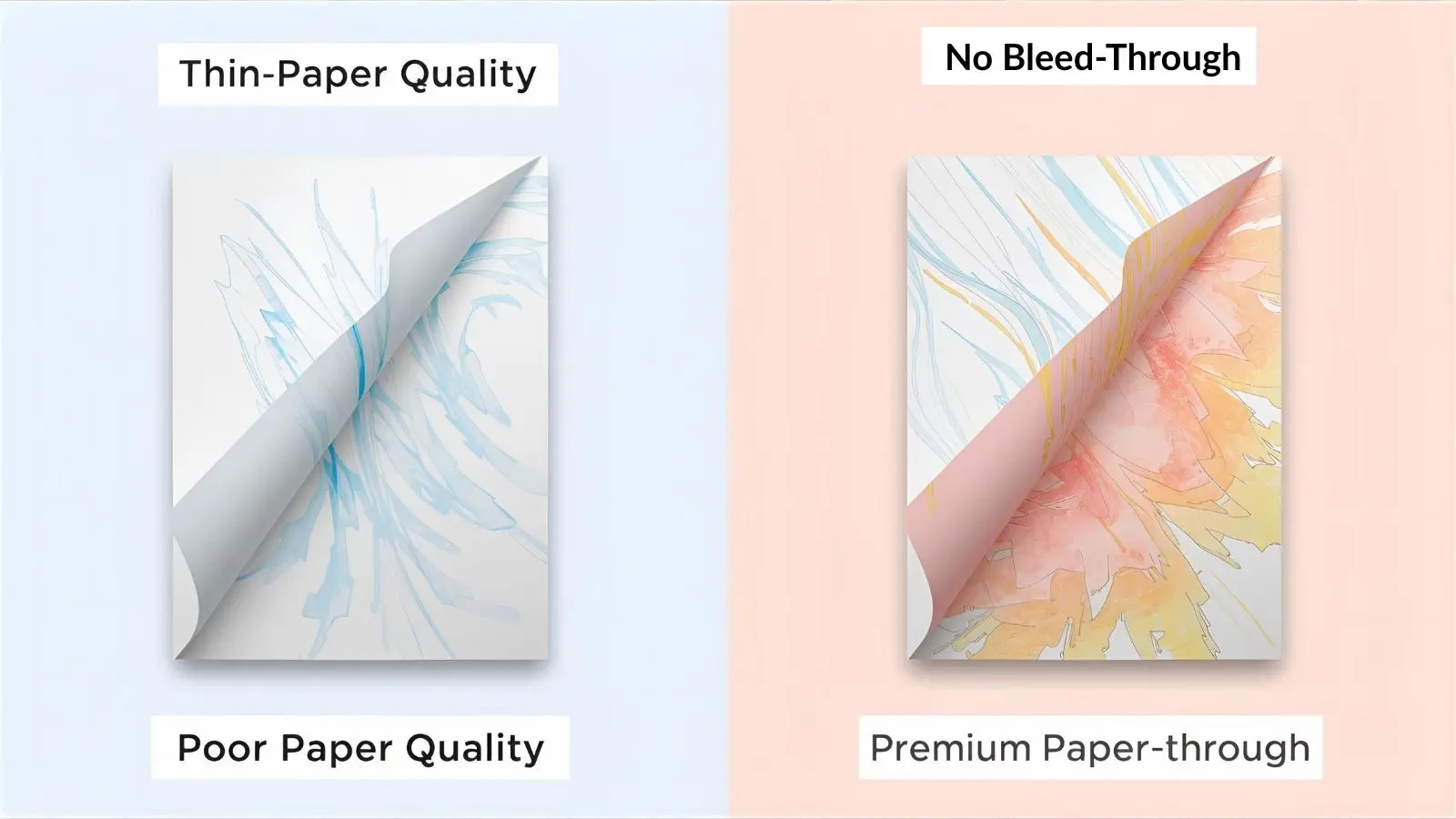Side-by-side comparison showing the difference between low-quality and high-quality coloring book paper