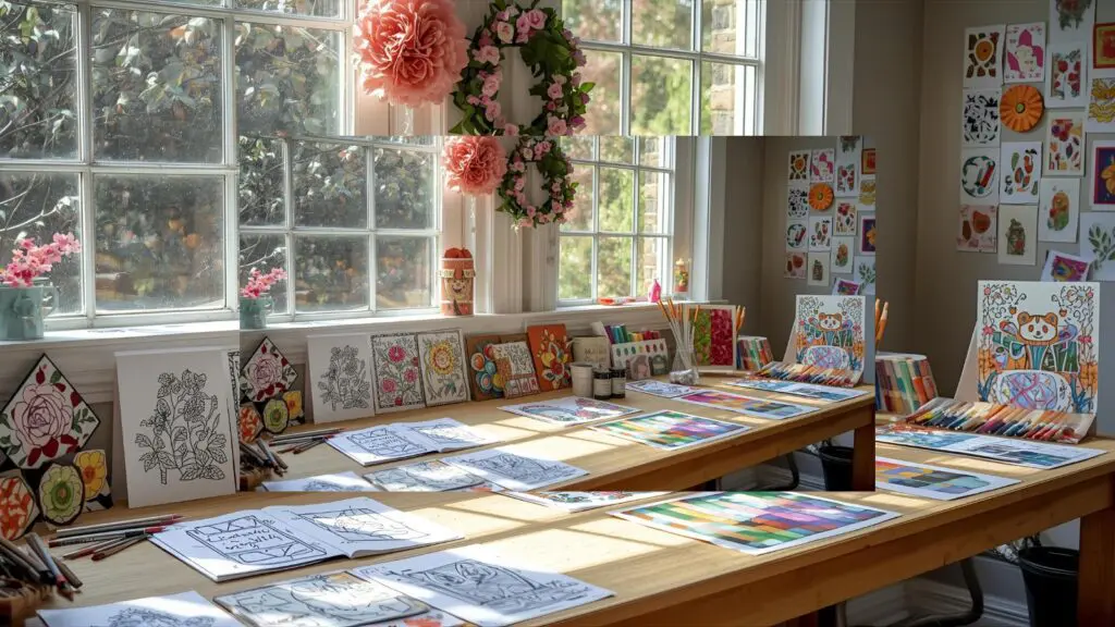 DIY projects made from kids' finished coloring pages, like cards and decorations