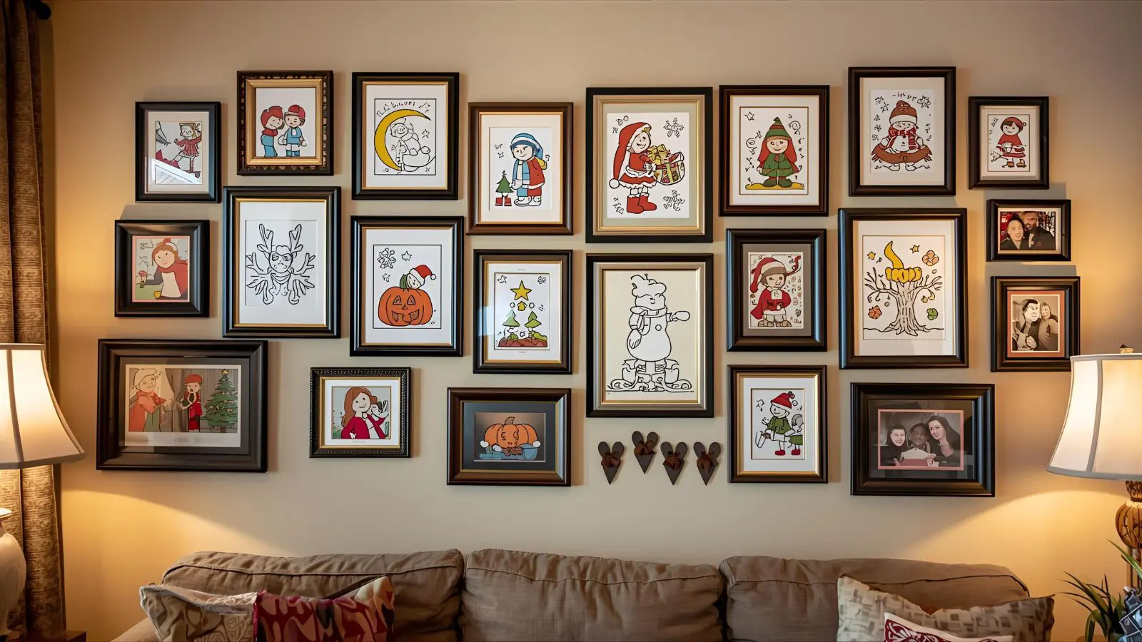 Beautiful gallery wall display showing framed completed holiday coloring pages from different years, creating a meaningful family tradition showcase with photos of family members coloring