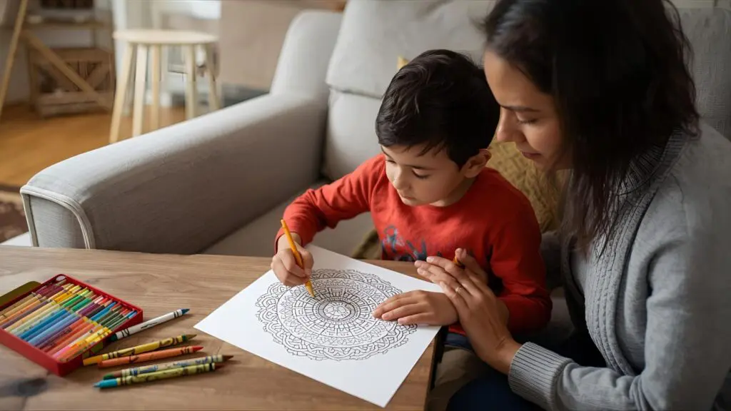 Child in therapy session using coloring for calmness