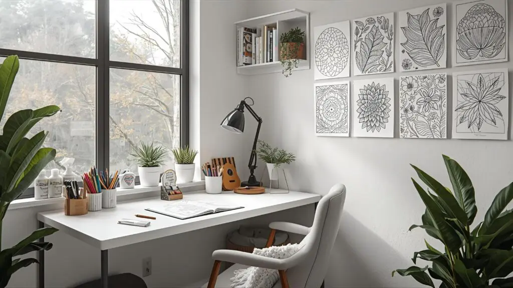 Free Coloring Printables. Well-organized coloring workspace with good lighting, comfortable seating, and organized supplies creating an inviting creative environment