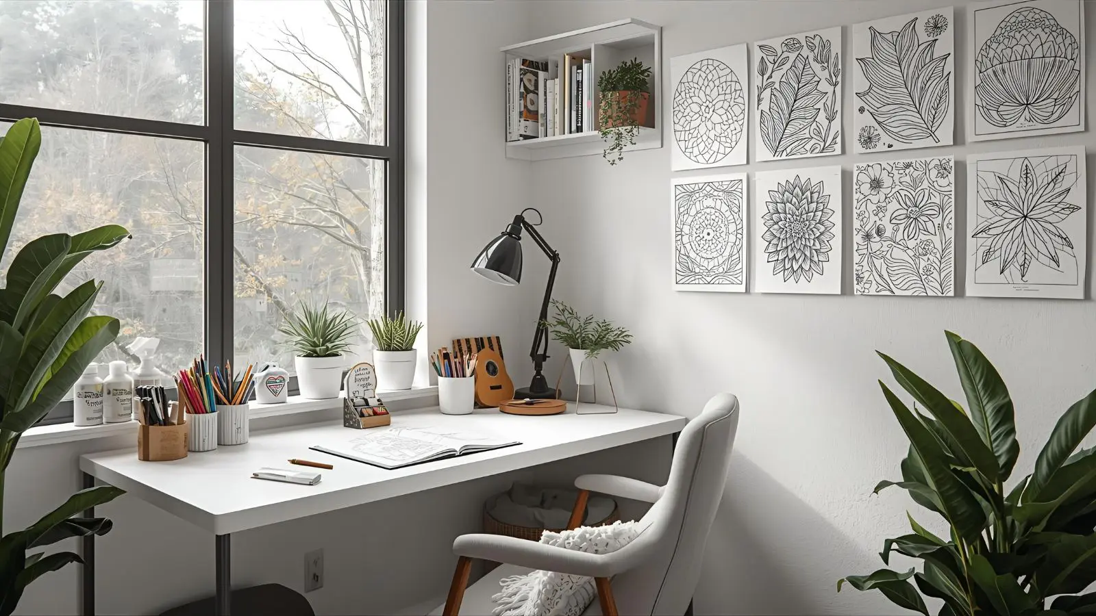 Well-organized coloring workspace with good lighting, comfortable seating, and organized supplies creating an inviting creative environment