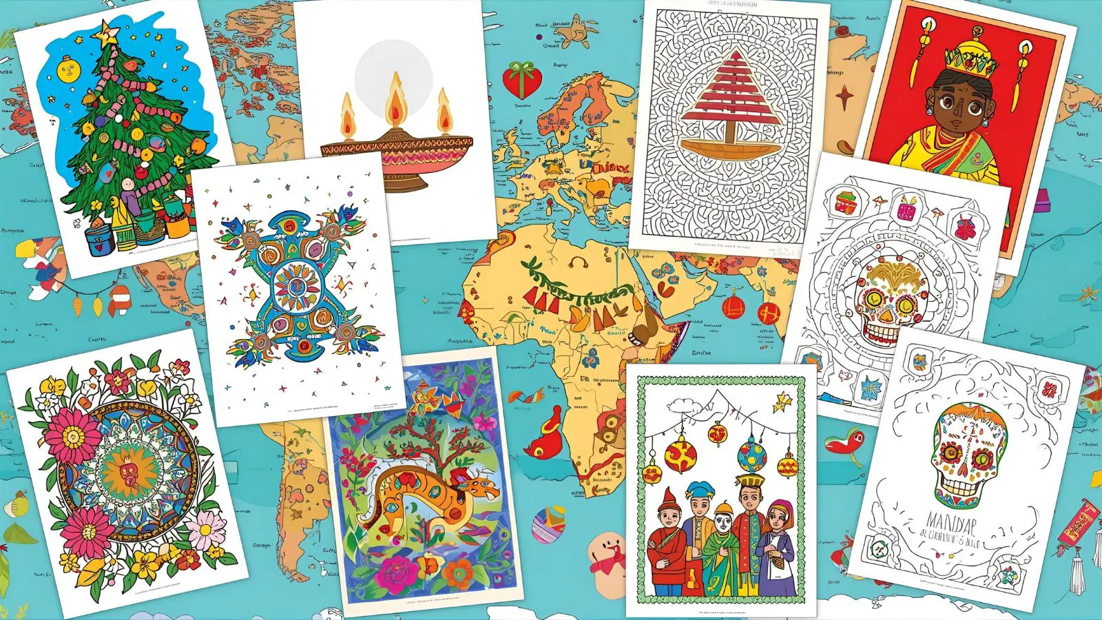 Educational display showing holiday coloring pages from different cultures around the world - Christmas traditions from various countries, Diwali lamps, Chinese New Year dragons, Hanukkah menorahs
