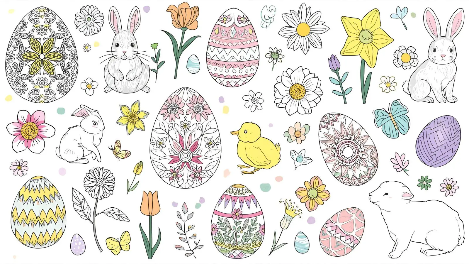 collection of Easter and spring coloring page designs featuring decorated Easter eggs, Easter bunnies, spring flowers, baby chicks, and butterflies in a soft pastel color scheme