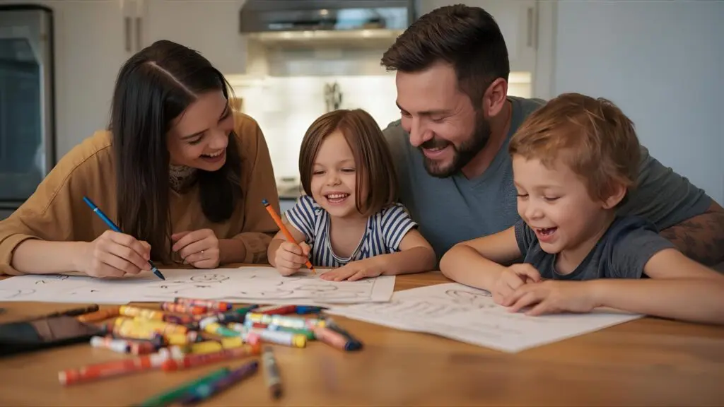 coloring for kids. Family gathered around the kitchen table enjoying a coloring night together