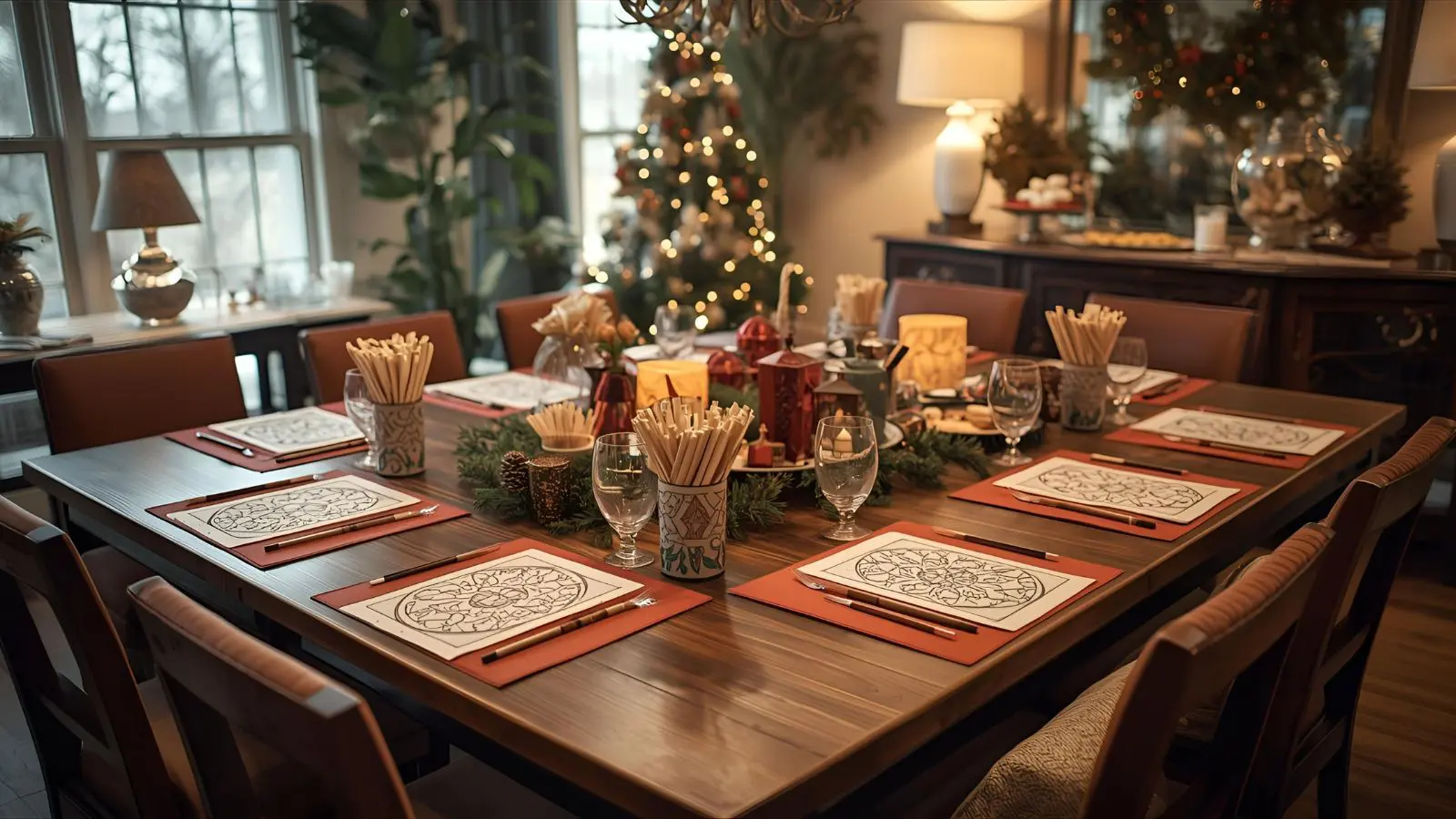 Inviting holiday coloring party setup with large table, multiple coloring stations, organized art supplies in holiday-themed containers, comfortable seating, and festive decorations creating a welcoming atmosphere