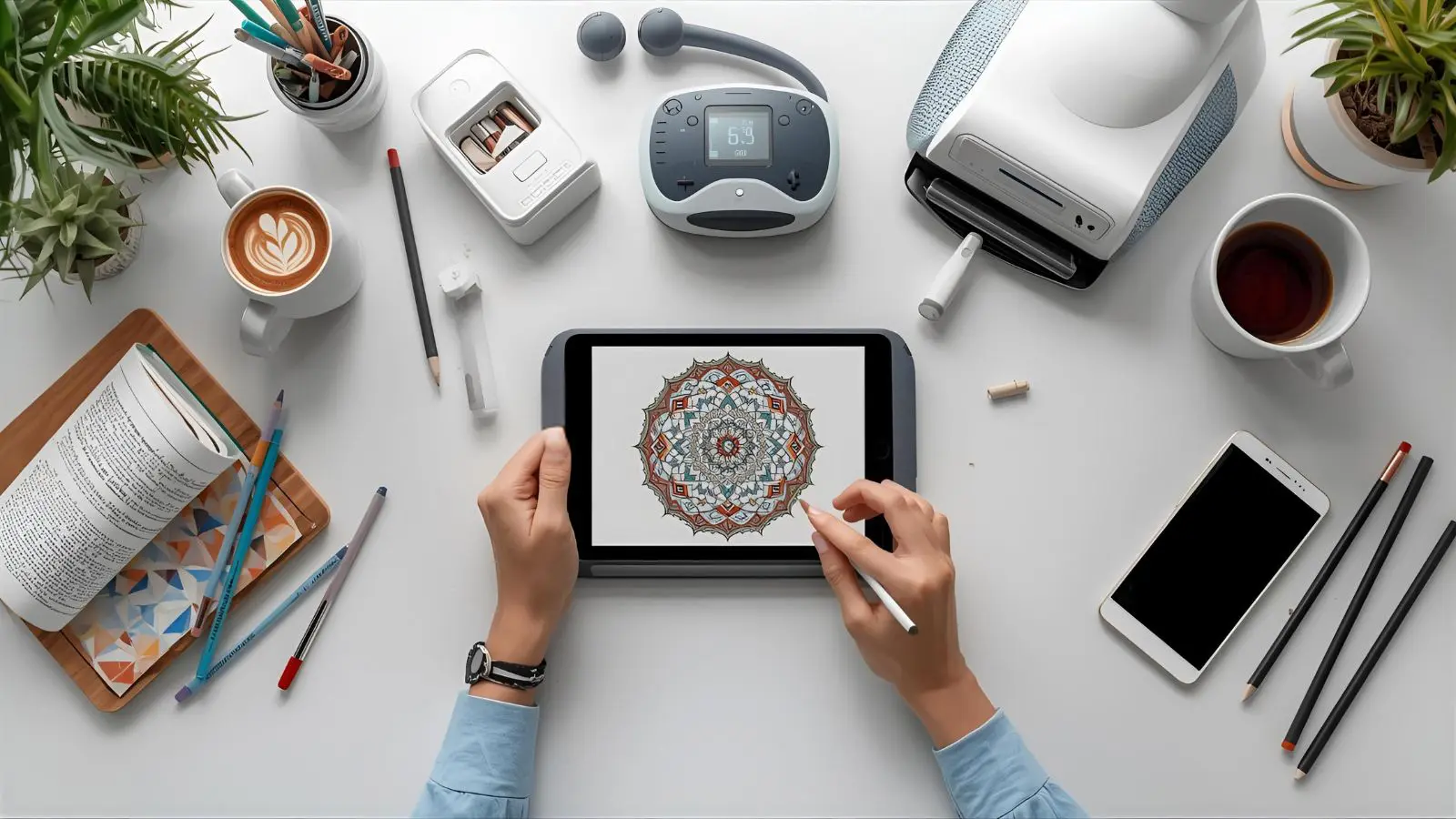 Person using tablet for digital coloring in modern, tech-integrated wellness space