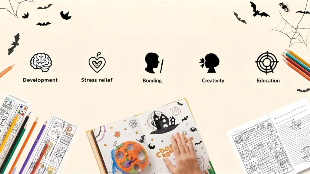 Infographic showing key benefits of Halloween coloring for families