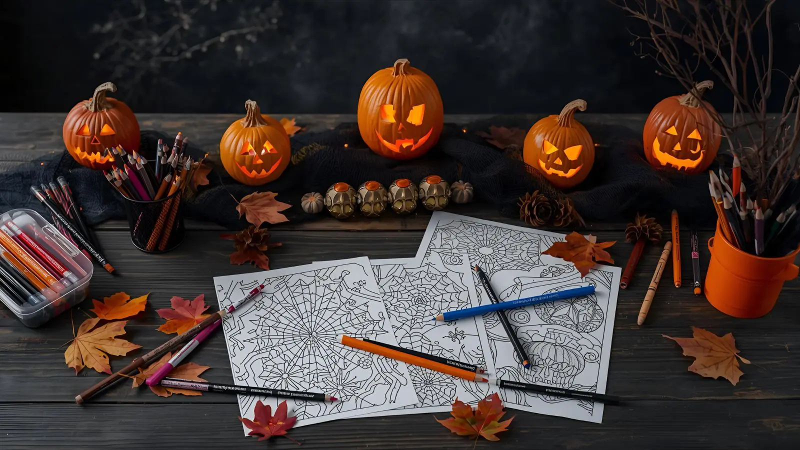 Atmospheric Halloween coloring station with orange and black decorations, jack-o'-lantern lighting, coloring pages, and orange and black art supplies arranged on a dark wooden table