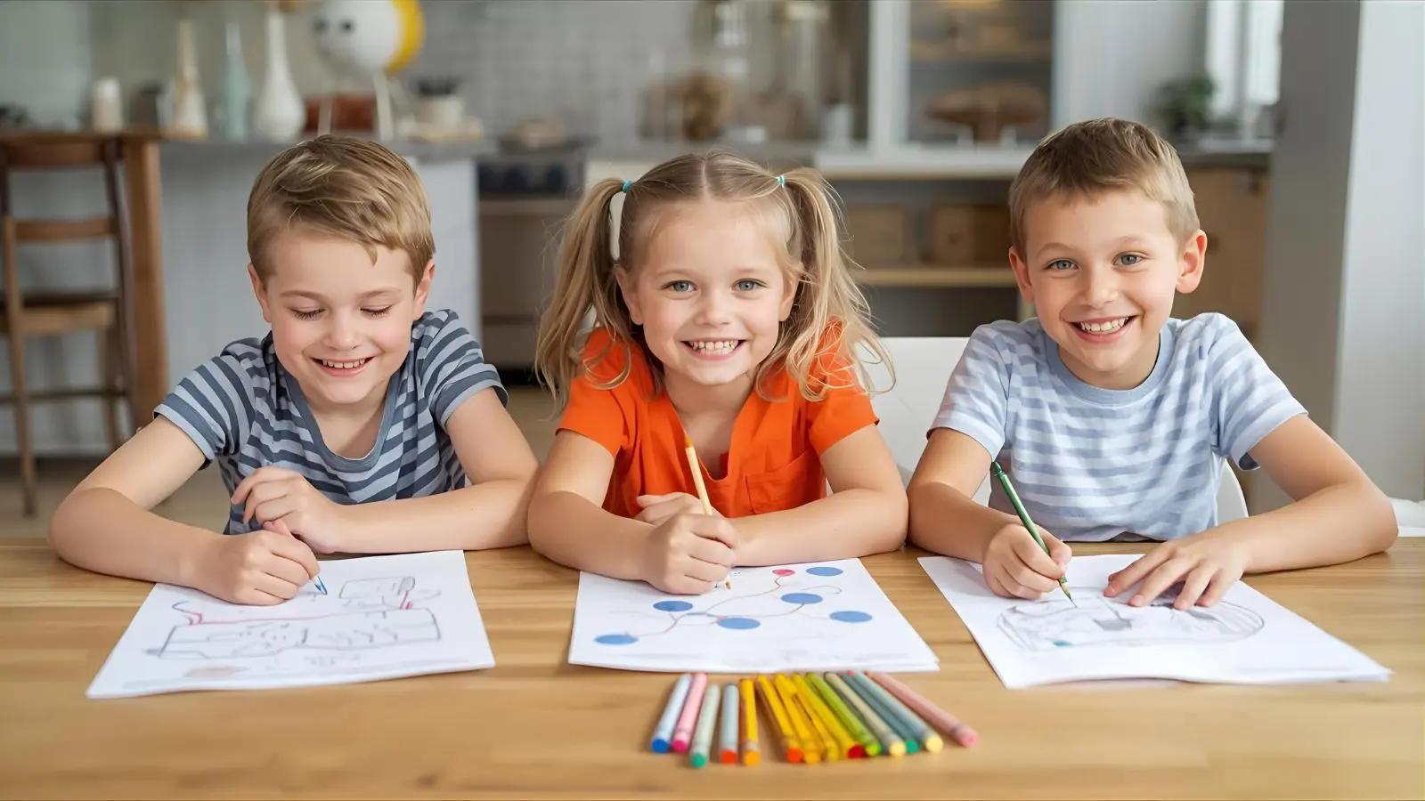 Group of happy kids coloring together at a table with crayons and pencils. Printable Kids Coloring Pages
