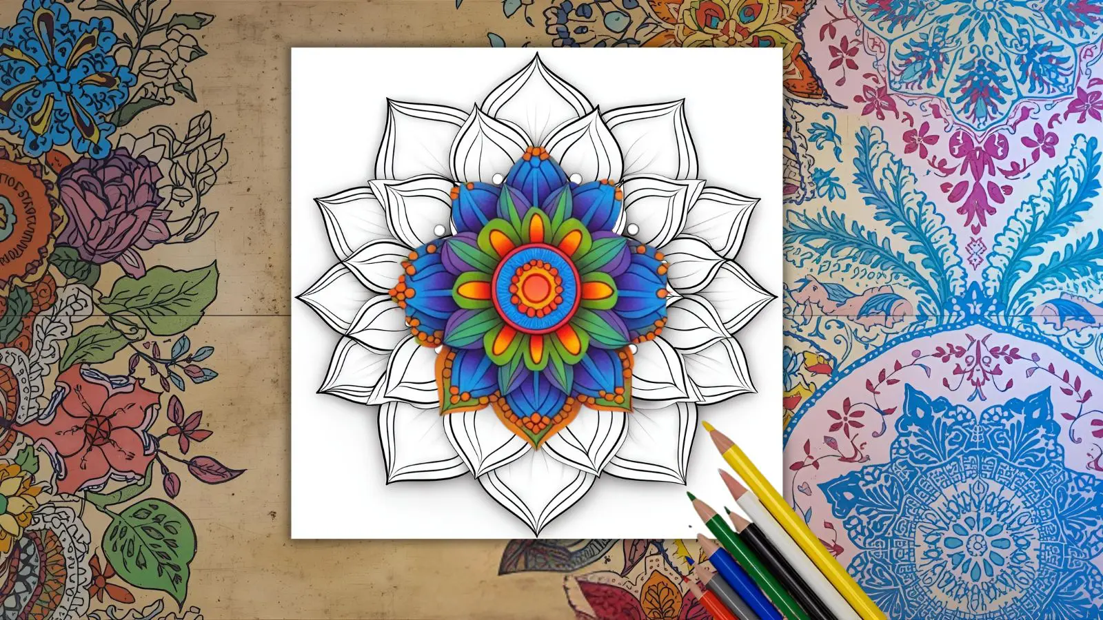 Step-by-step progression of coloring a beginner mandala from outline to finished colorful design. intricate mandala coloring page printed on cardstock with colored pencils