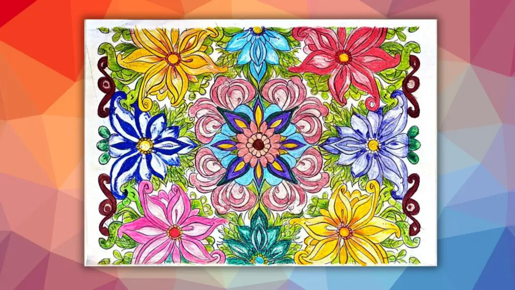 Printable Mandala Coloring Pages. Finished mandala coloring sheet with vibrant colors