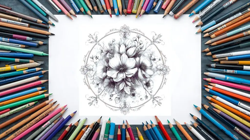 Printable Mandala Coloring Pages. Mandala coloring sheet with colored pencils and markers