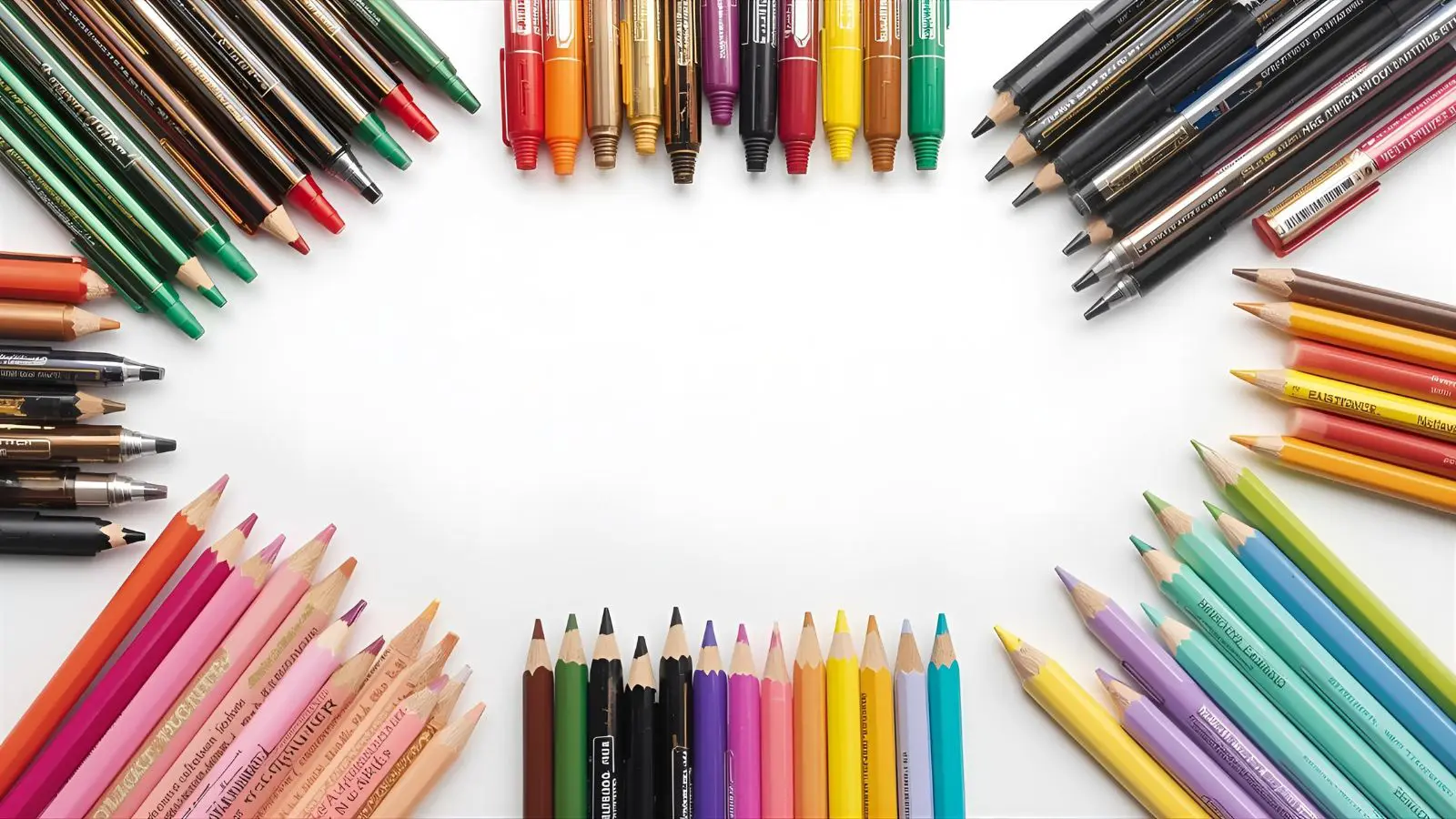 Professional flat lay comparison of different coloring tools organized by holiday themes - metallic markers and rich colors for Christmas, bold orange and black markers for Halloween, soft pastels for Easter