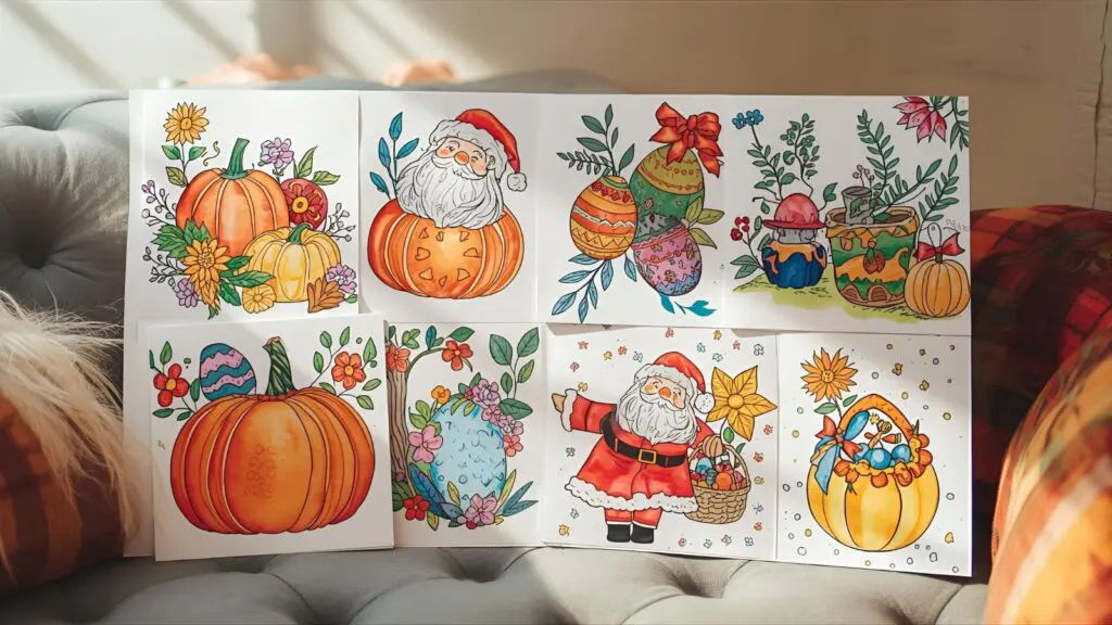 Seasonal coloring collage with Halloween, Christmas, and Easter pages