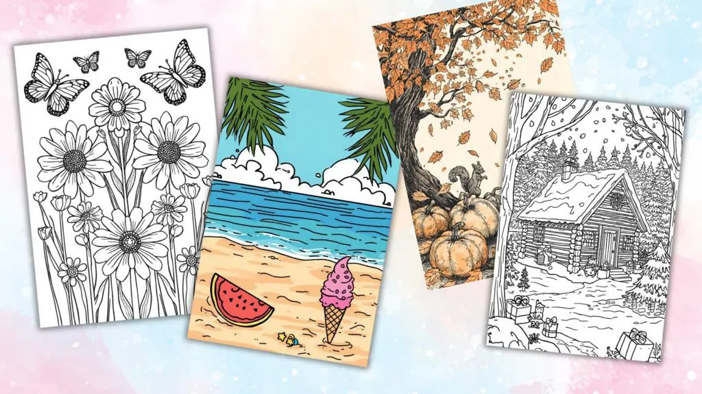 Four sections showing seasonal coloring pages - spring flowers, summer beach scenes, autumn leaves, and winter holiday themes, displaying the variety of seasonal designs available