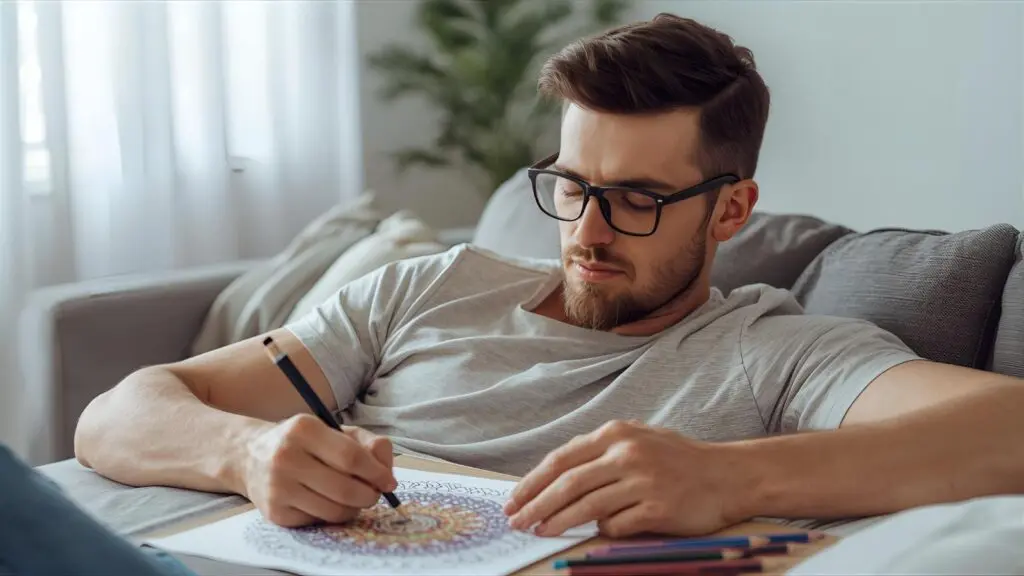 Peaceful adult woman in comfortable setting coloring an intricate mandala design, with soft lighting and calming environment, showing relaxation and focus. Man enjoying stress relief with adult coloring. Coloring pages for adults