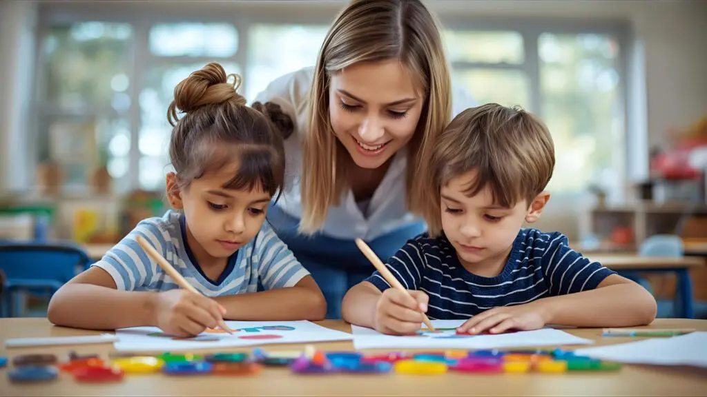 Teacher guiding kids through a coloring activity in class