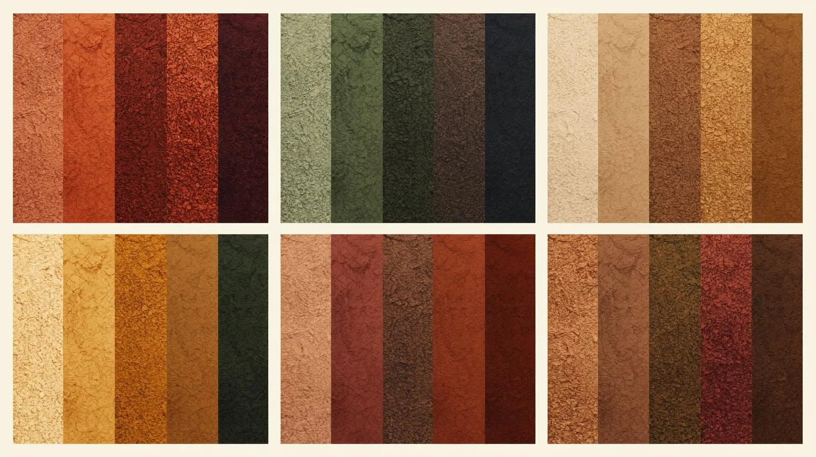 Beautiful display of six fall color palettes arranged in a grid showing warm oranges, deep purples, forest greens, and earthy neutrals