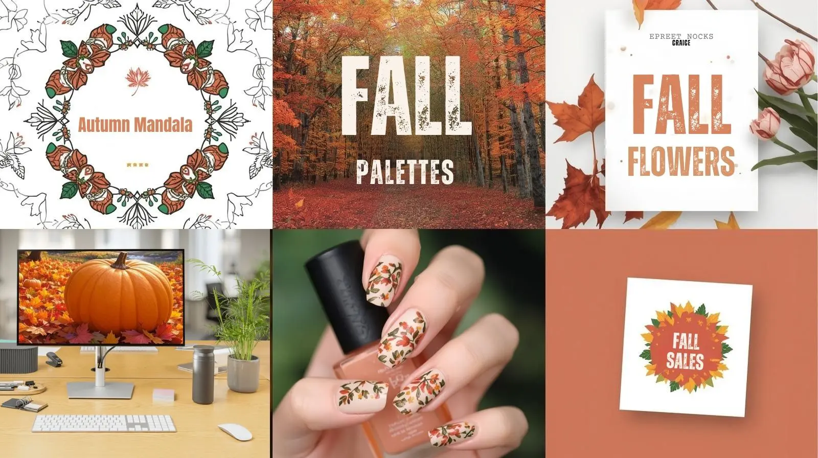 Examples of autumn color palettes applied to various creative projects, including coloring pages, graphic designs, and nail art mockups