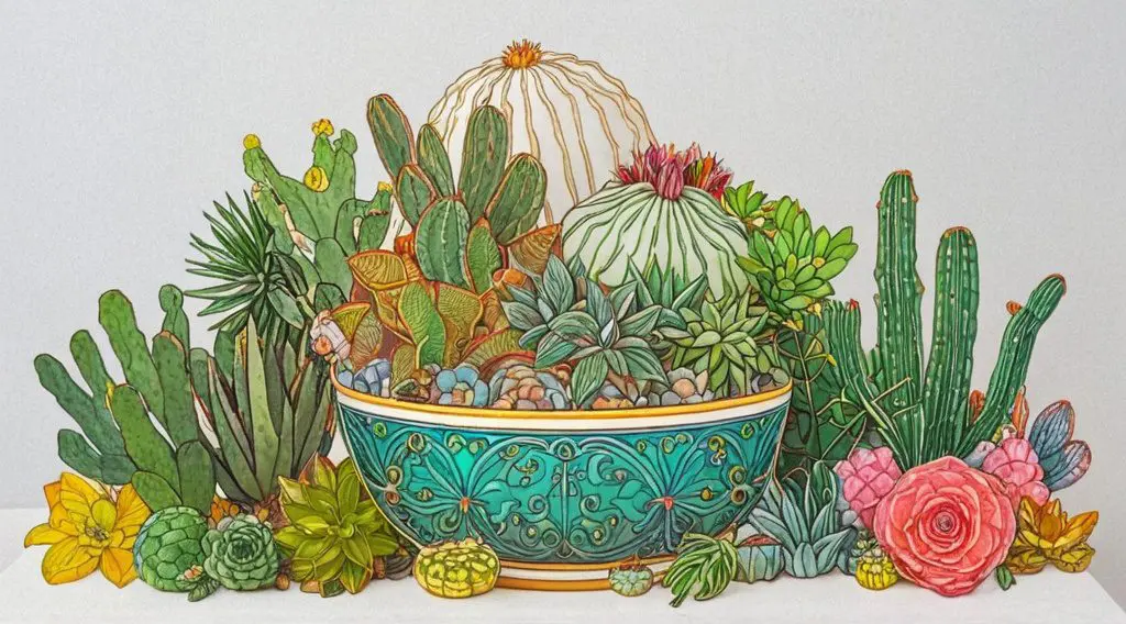 Cactus and succulent desert landscape for adult colouring, intricate pots, botanical ink art style. mindful coloring practice