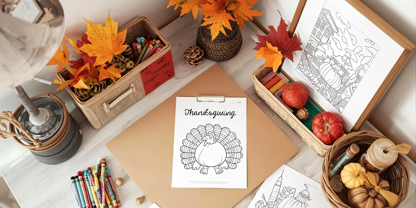 coloring page game - Organized Thanksgiving coloring game station with supplies and printable pages ready