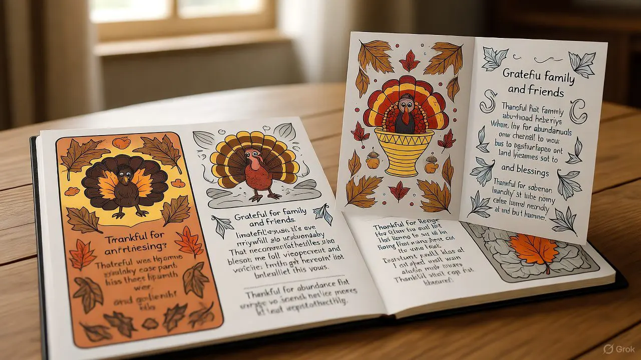 Thanksgiving gratitude coloring journal with mandalas and fall leaves