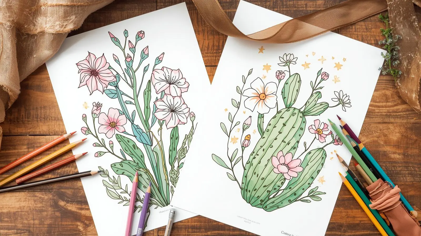 Flat lay of printable floral colouring pages with pencils, wrapped ribbon, cozy creative atmosphere