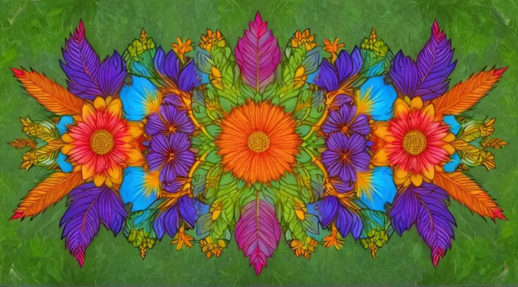 Flower Coloring Sheets - Highly detailed adult colouring page of wildflowers and leaves, botanical symmetry