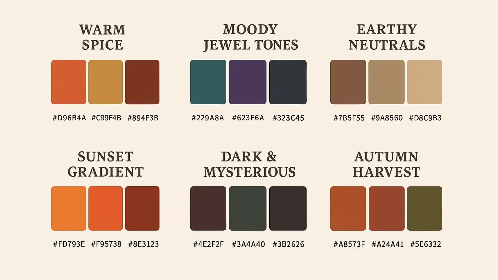 Detailed view of six autumn color palettes with hex codes and color names for each palette