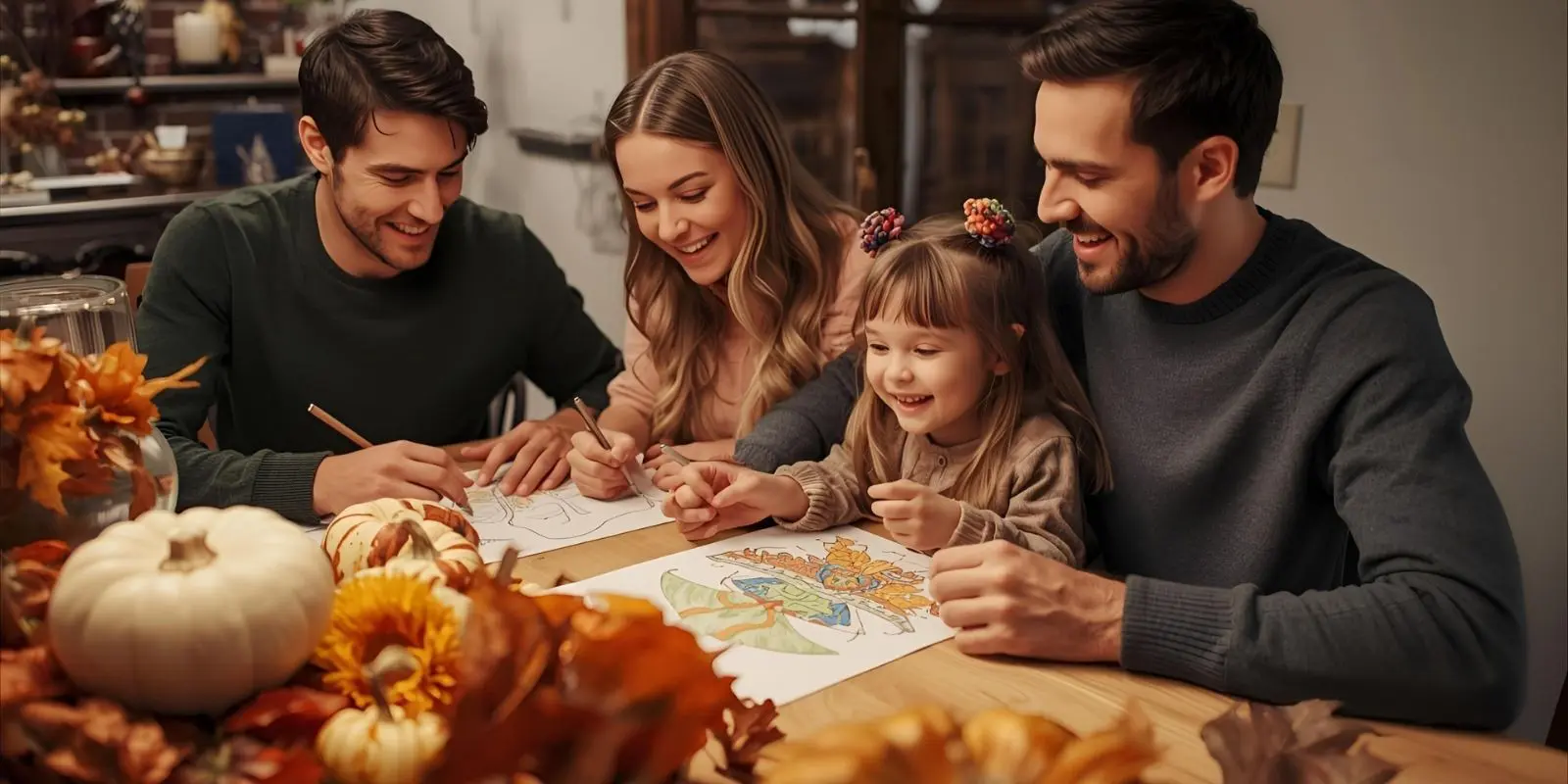 Thanksgiving Day Games - Happy family sitting around dining table playing coloring games together, Thanksgiving decorations, pumpkins and autumn leaves, warm cozy lighting, lifestyle photography, natural candid moment