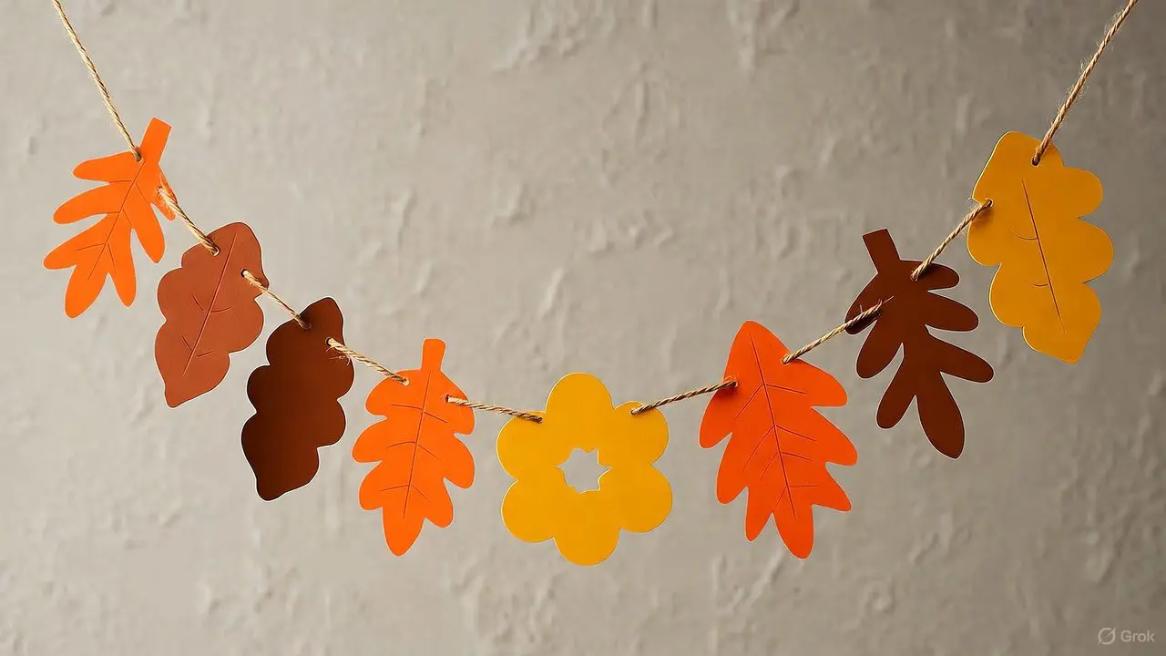 Colorful Thanksgiving garland made from hand-colored paper leaves and pumpkins