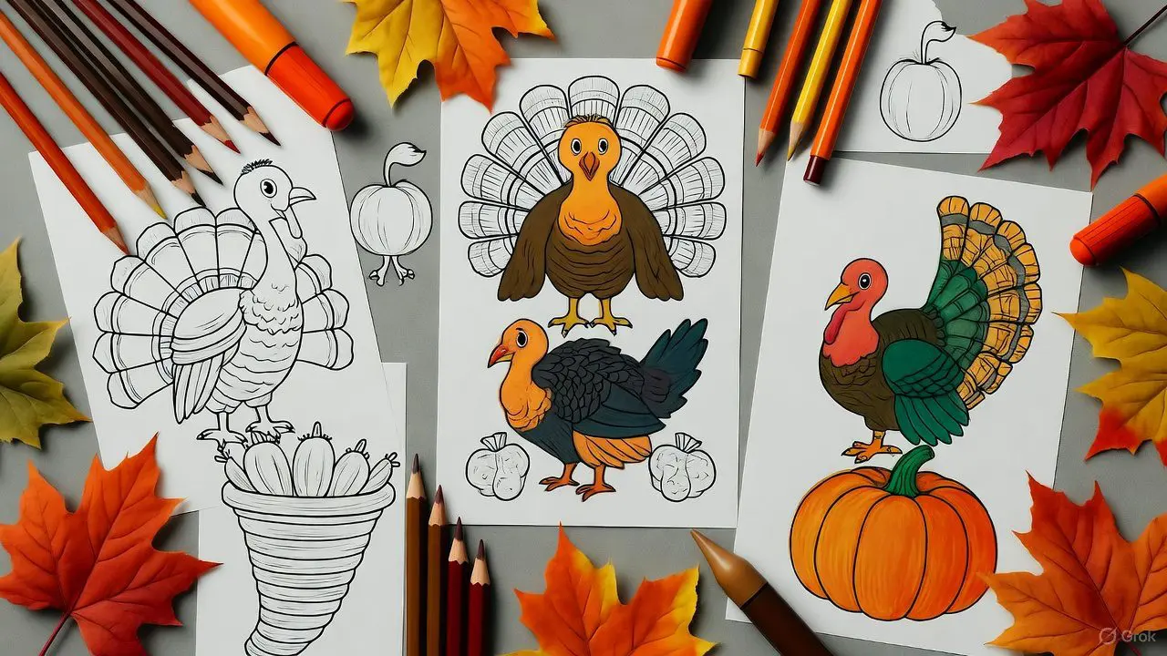 Printable Thanksgiving coloring pages with turkeys, pumpkins, and leaves