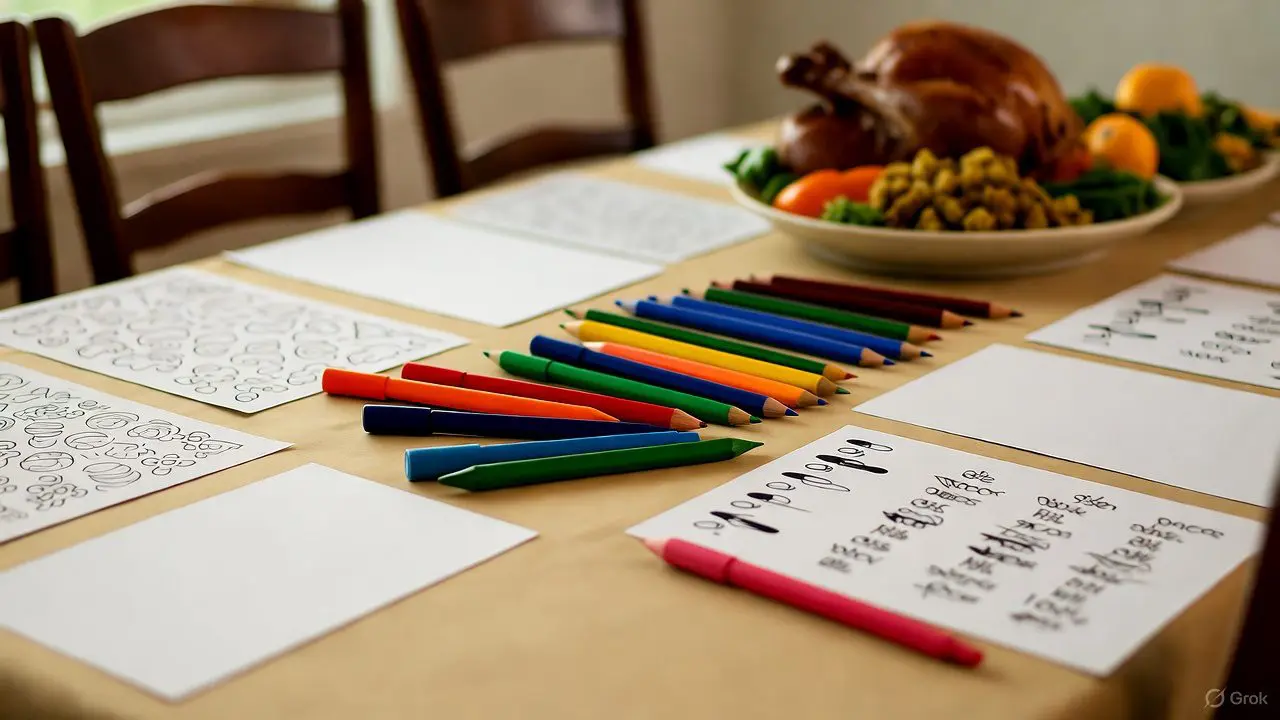 Thanksgiving table covered in craft paper with markers for family coloring