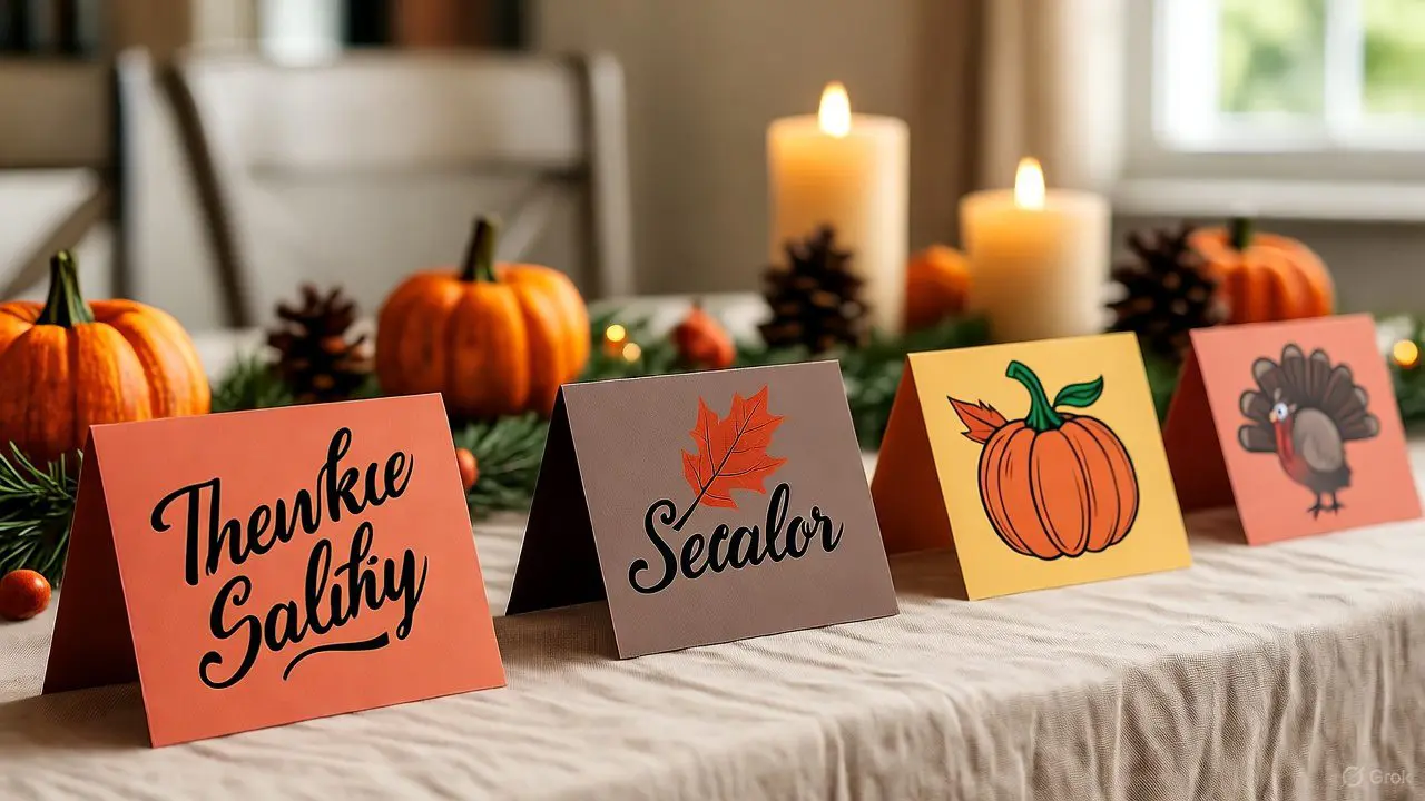 DIY Thanksgiving place cards hand-colored with pumpkins and leaves