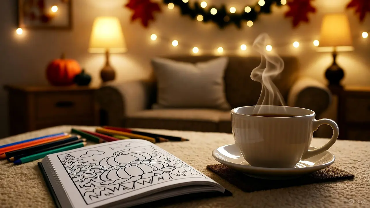 Adult coloring Thanksgiving mandala with candles and warm tea