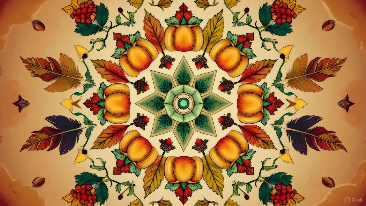 Thanksgiving mandala coloring page with pumpkins and leaves