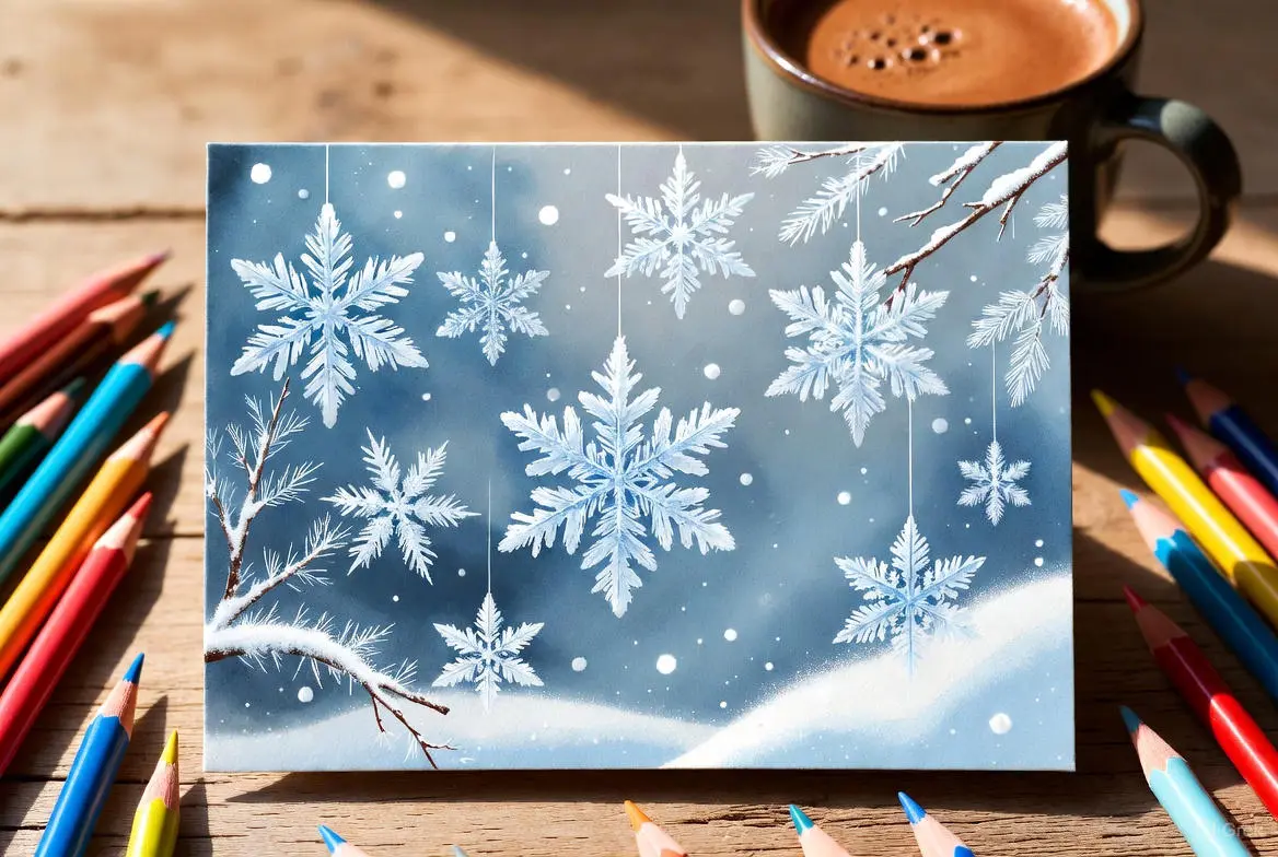 Shaded snowflakes and winter scene showing soft gradients and highlights. DIY Winter Greeting Cards
