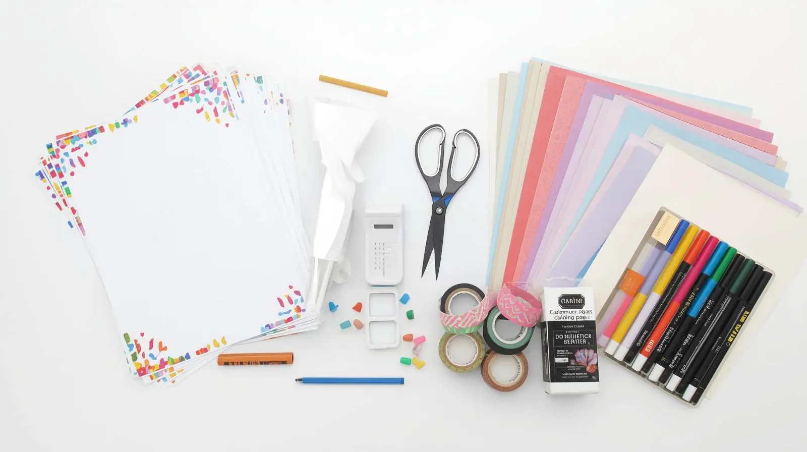Neatly arranged crafting supplies on white background: stack of colored coloring pages, laminating pouches, scissors, cardstock paper, washi tape rolls, and markers, clean product photography style